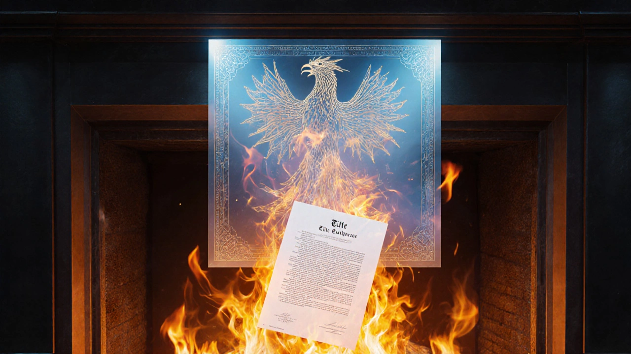 Fragile paper deed burning as a digital title rises like a phoenix above it.