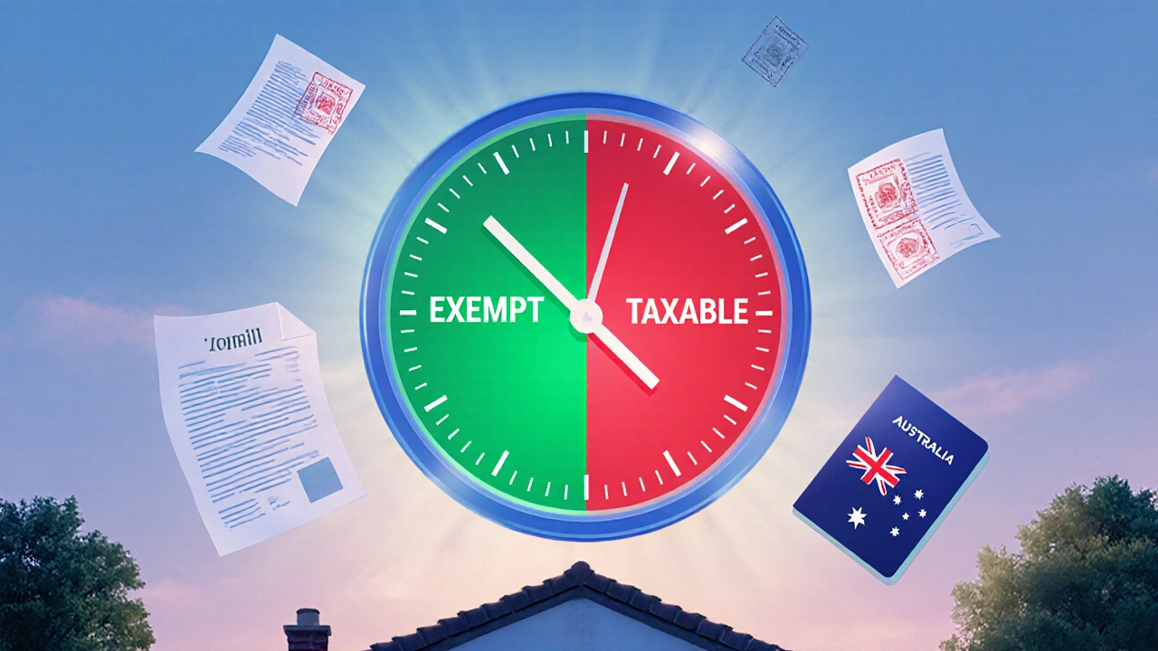 Giant clock above a house showing exempt and taxable sides with supporting documents floating around.