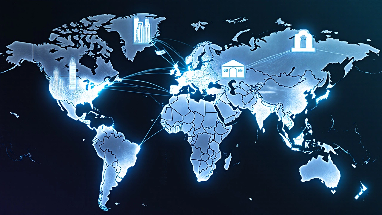 Global network of glowing data streams connecting commercial property markets across major cities.