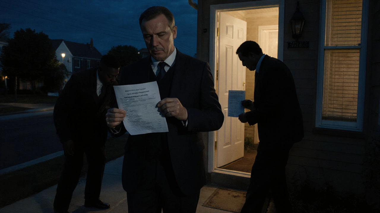 Homeowner holding registry document while shadowy figures try to lock their door.