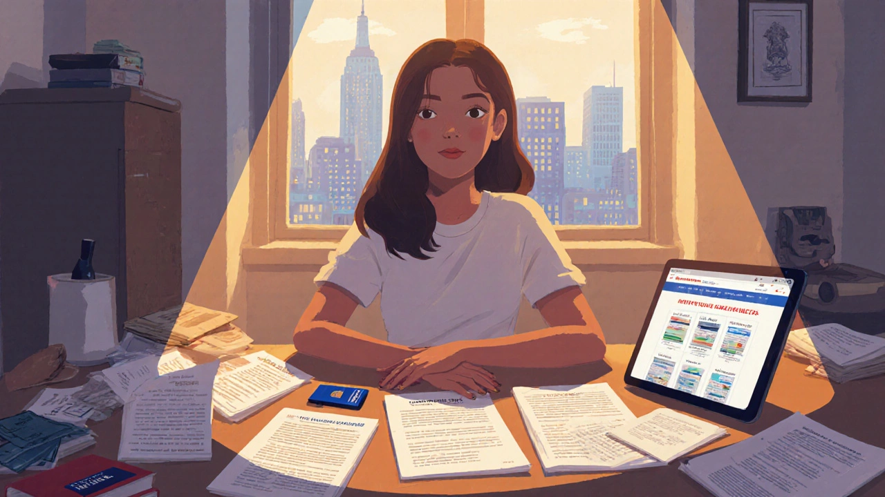 Immigrant woman at a kitchen table reviewing documents for renting an apartment in New York.