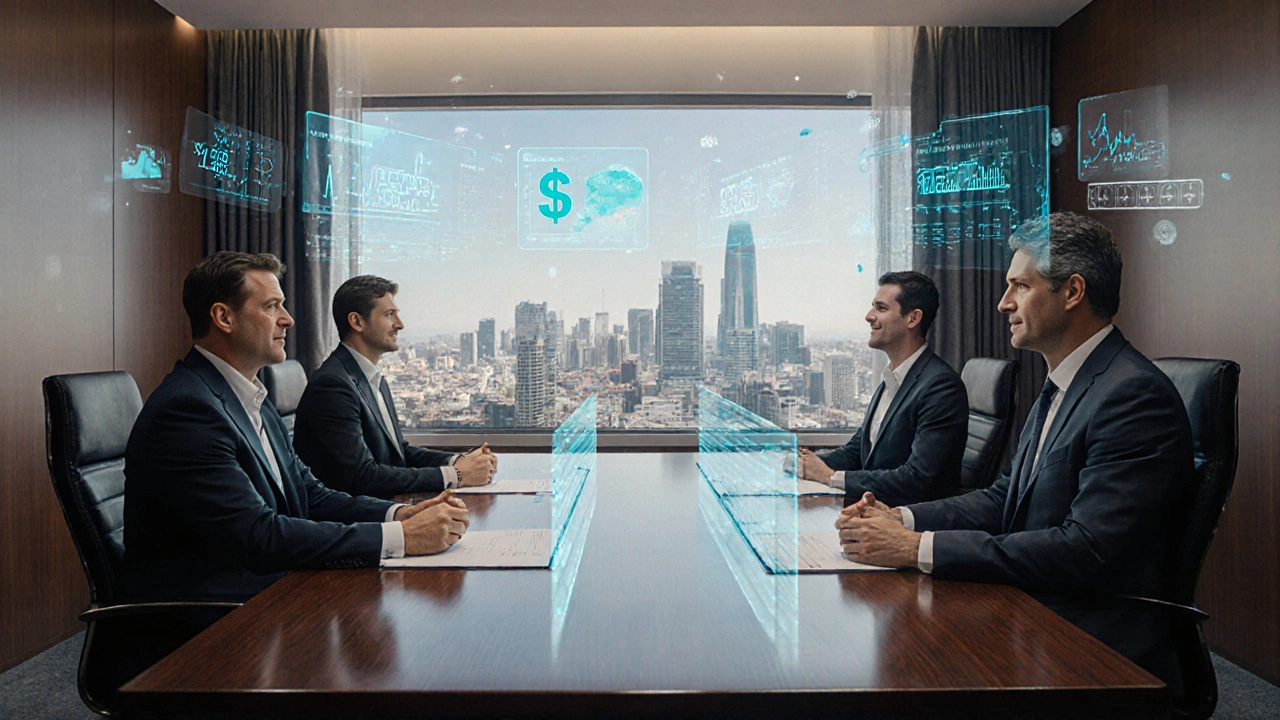 Investors from around the world negotiating over floating property data holograms in a Melbourne boardroom.