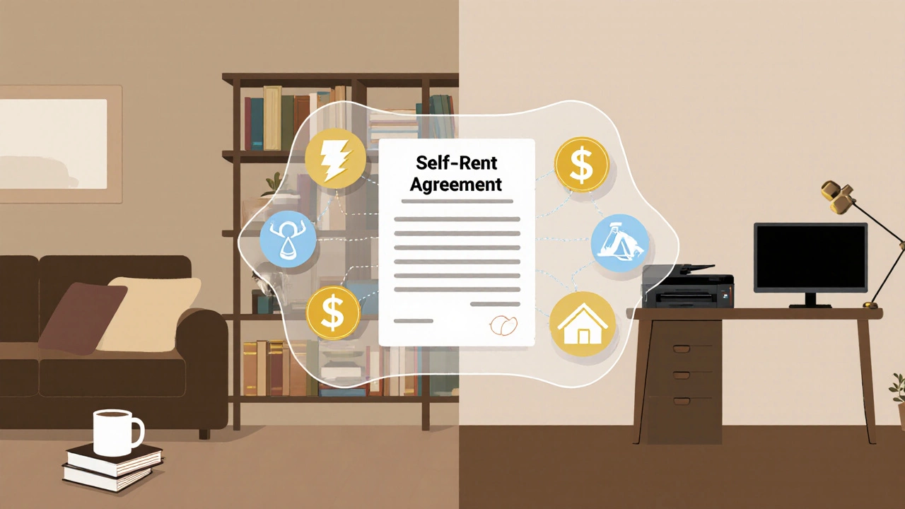 Split home interior showing personal living space and home office connected by a legal agreement overlay.