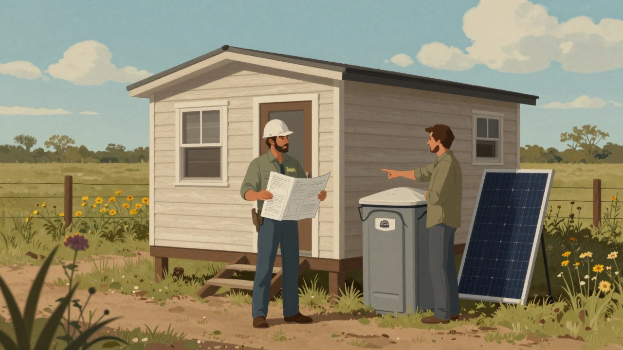 A county inspector and homesteader discussing off-grid systems beside a tiny home in rural Texas.