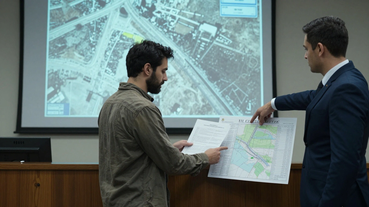 A courtroom scene with a man presenting land ownership documents to a judge.