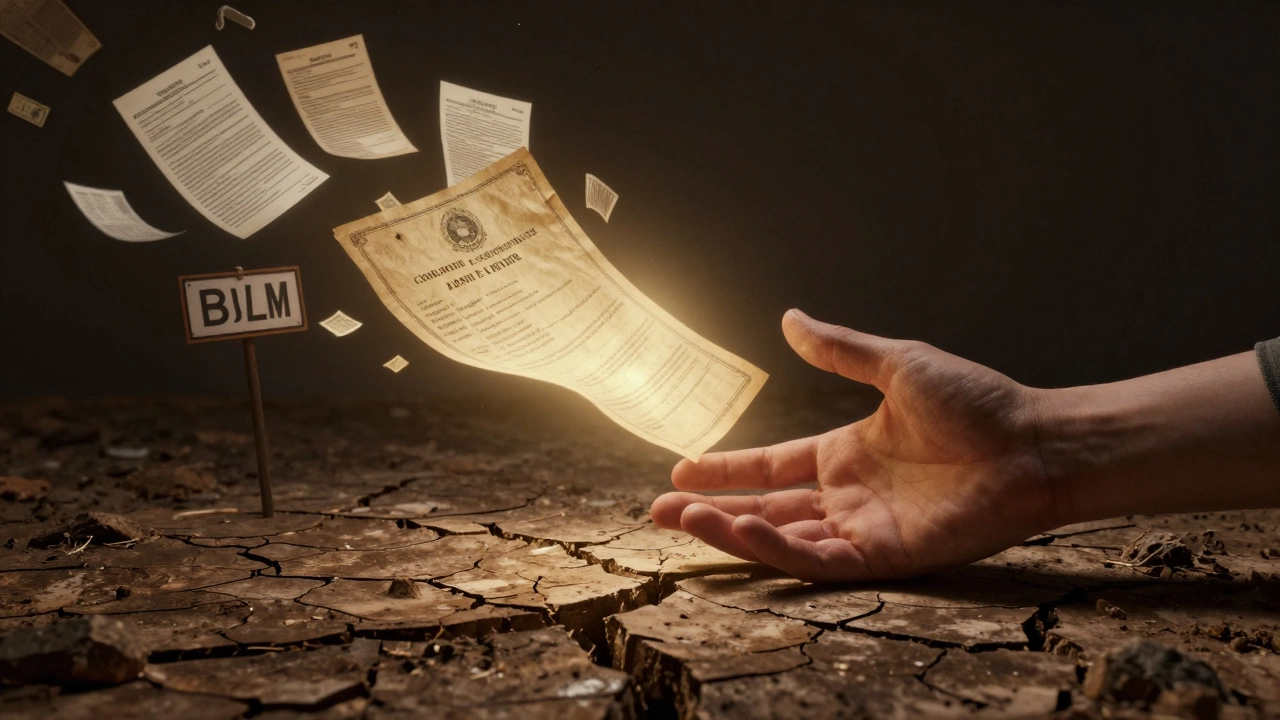 A hand reaching for a dissolving deed above cracked earth, surrounded by legal symbols.