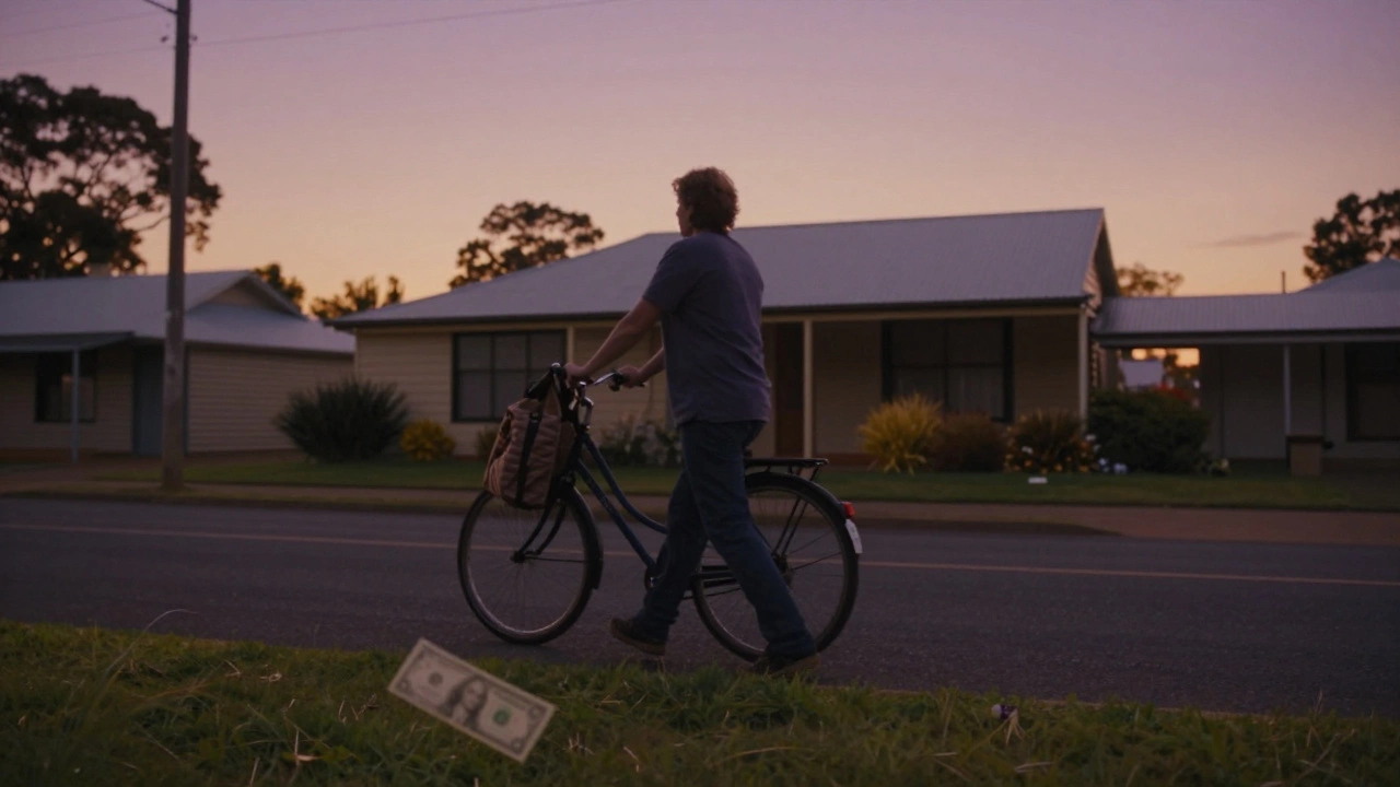 A person walks home in regional Australia at dusk, pushing a bicycle with groceries, under a soft twilight sky.