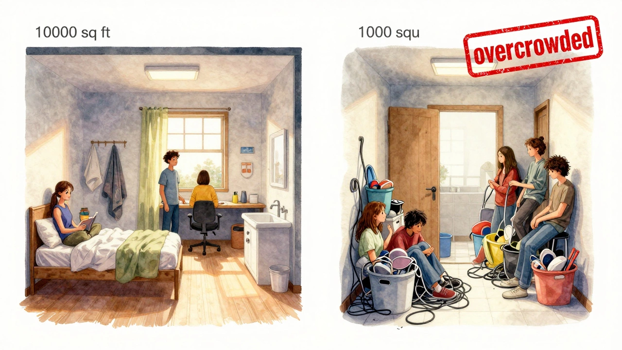 A split illustration showing an efficient small-space layout versus an overcrowded one, with light and clutter as contrasting themes.