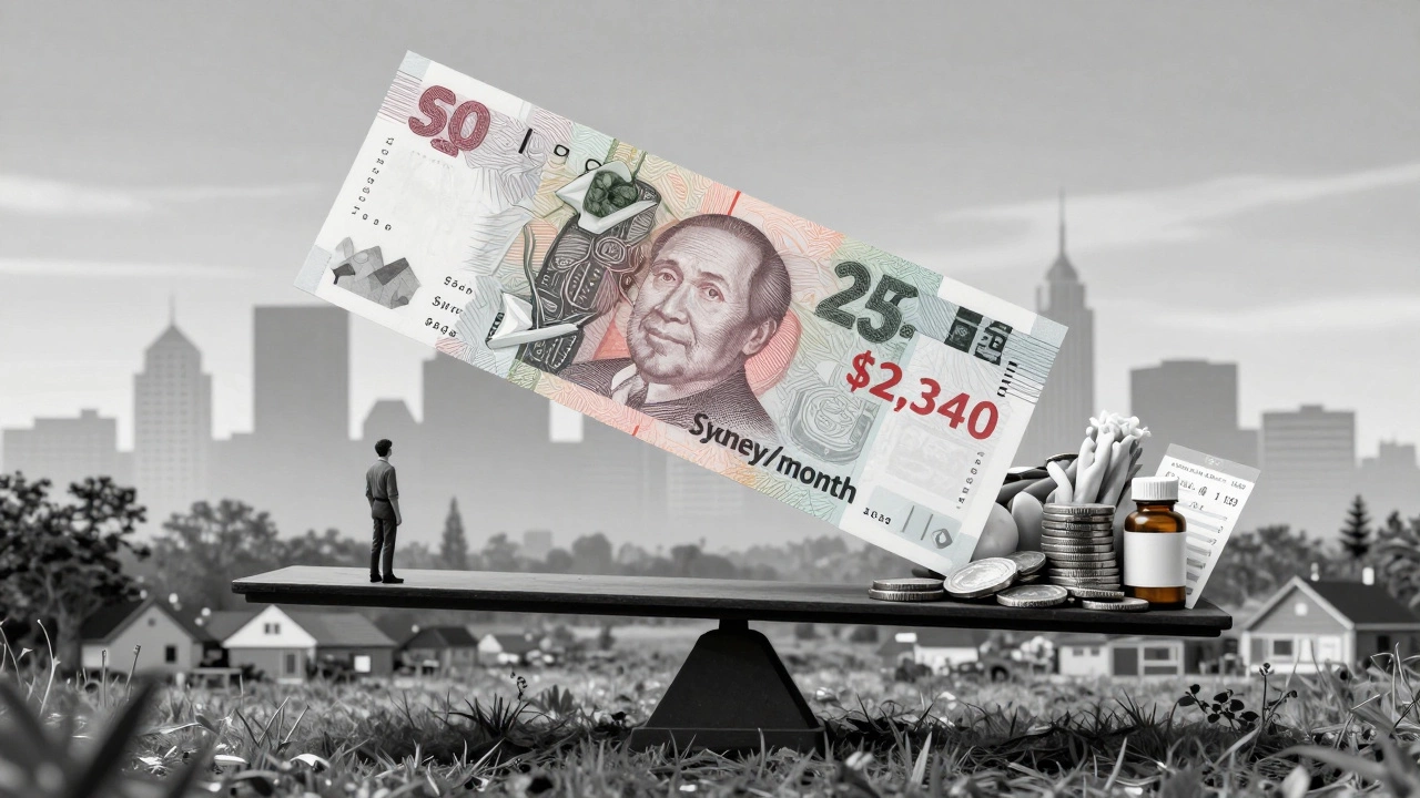 A symbolic scale tilts under the weight of rent versus basic needs, with a city and rural landscape in the background.