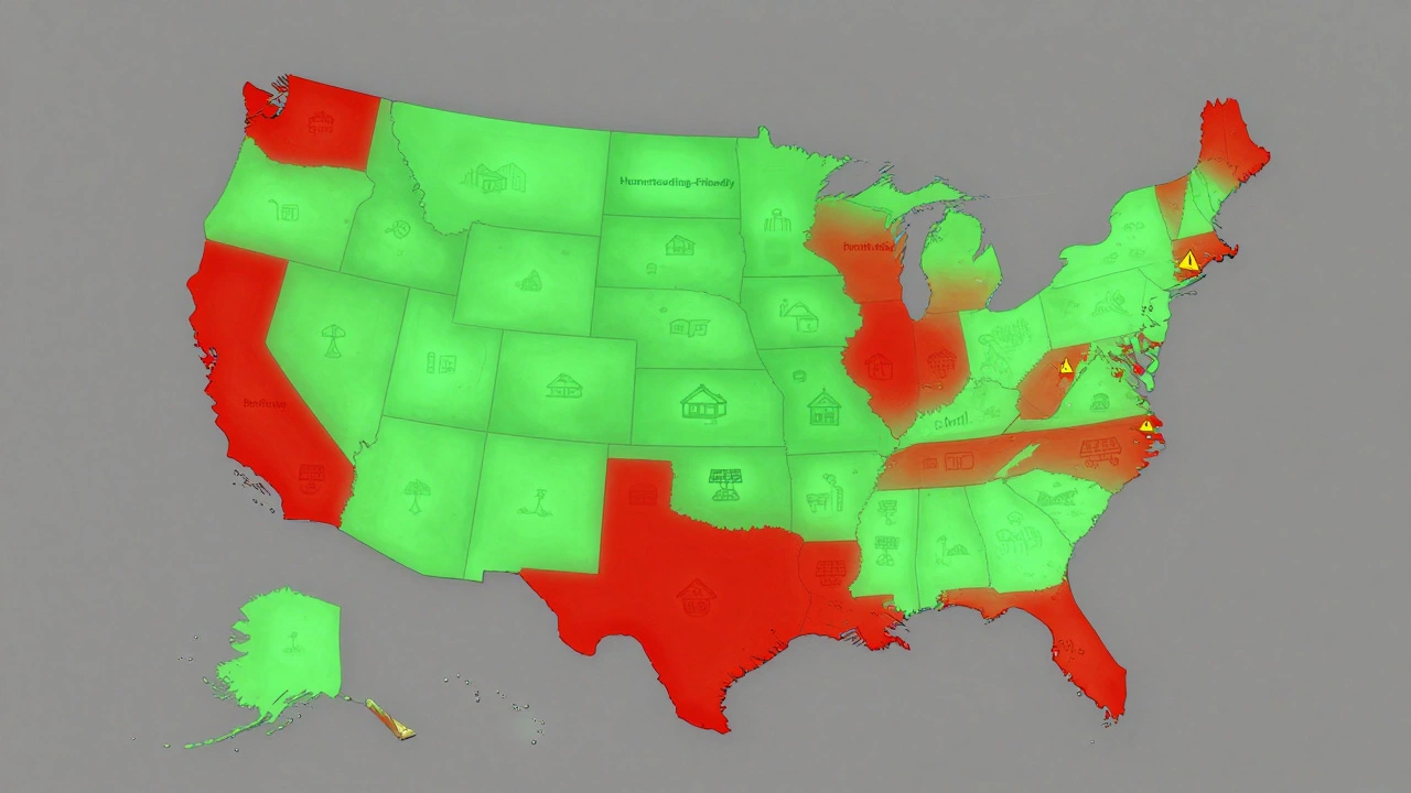 A symbolic U.S. map showing friendly and restricted homesteading regions with icons.