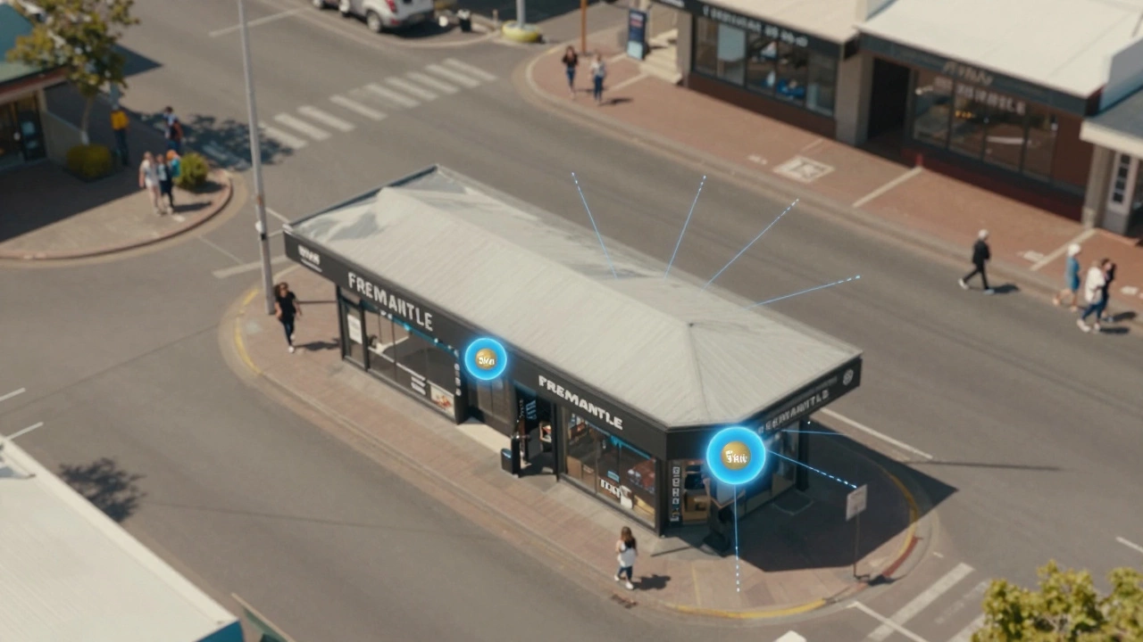 Aerial view of a retail street with geo-fenced ad pulses highlighting only nearby business decision-makers.