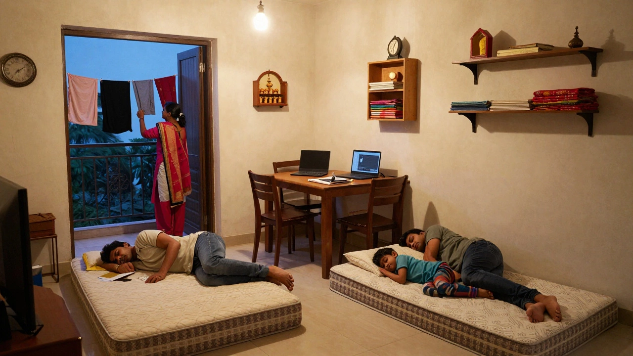 An extended family in Delhi sharing a compact apartment at night, with laundry drying on the balcony and a dining table used as a workspace.