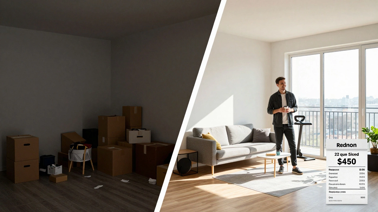 Contrasting a cluttered large apartment with a bright, efficient small studio — highlighting space savings and improved lifestyle.