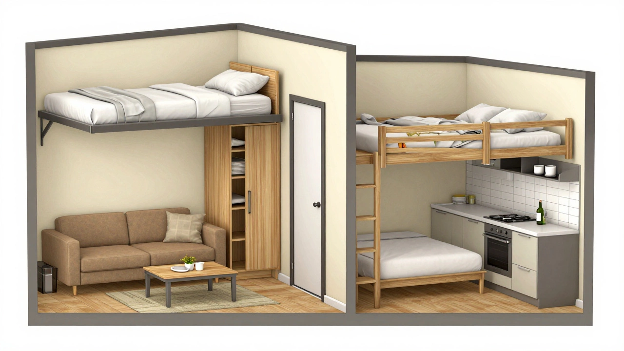 Cross-section layout of a smartly designed 600-square-foot apartment with Murphy bed, sliding doors, and multi-functional furniture.