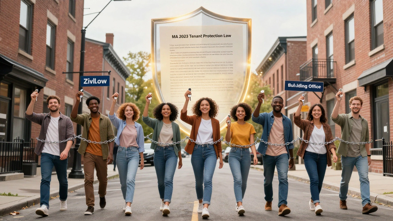 Diverse renters walking with keys as invisible chains break, legal document glowing above them