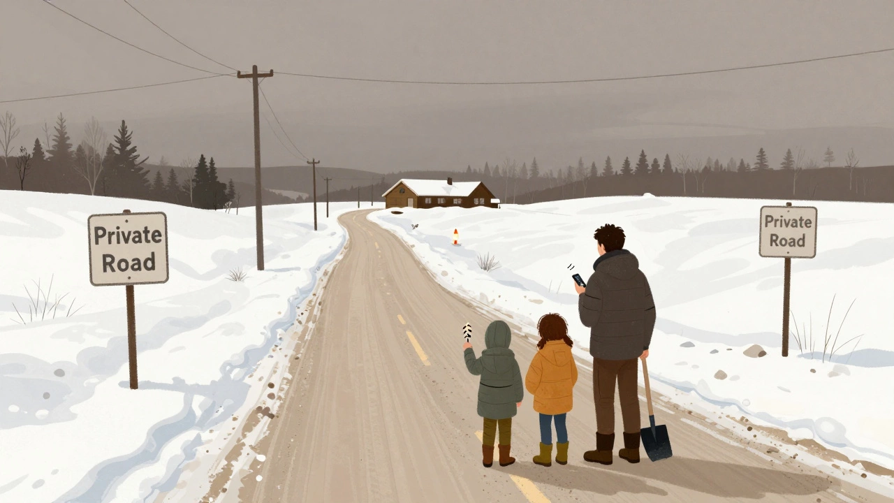 Family stranded in deep snow on a private road, checking phone signal near a distant cabin site.