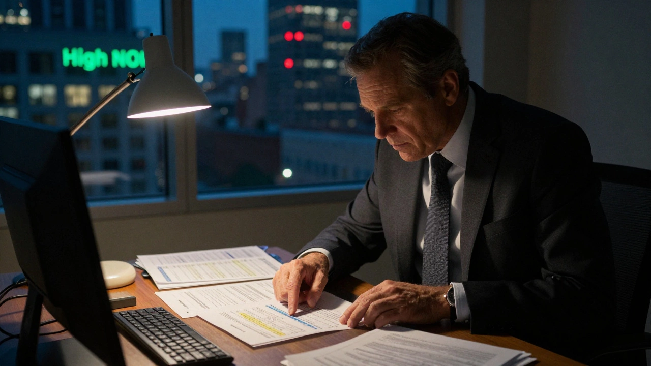 Investor analyzing NOI report in office at night, city skyline visible through window.
