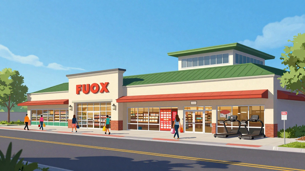 Neighborhood retail strip anchored by supermarket with pedestrians walking by