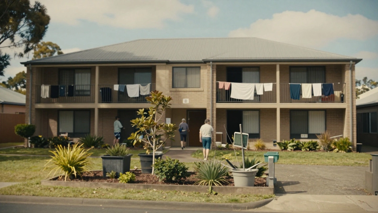Quiet suburban apartment building with residents and community garden
