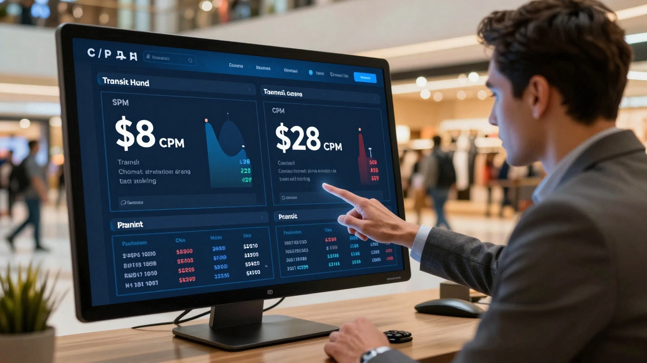 Real estate agent showing CPM data on a tablet to a potential tenant in a bustling retail plaza.