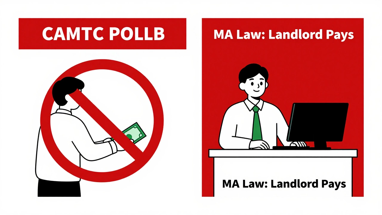 Split-screen illustration showing tenant not paying broker vs landlord paying broker under Massachusetts law
