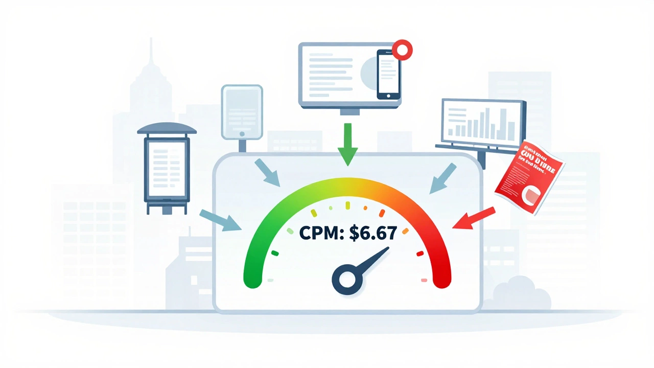 Transparent building with floating advertising icons and a CPM metric gauge in vector style.