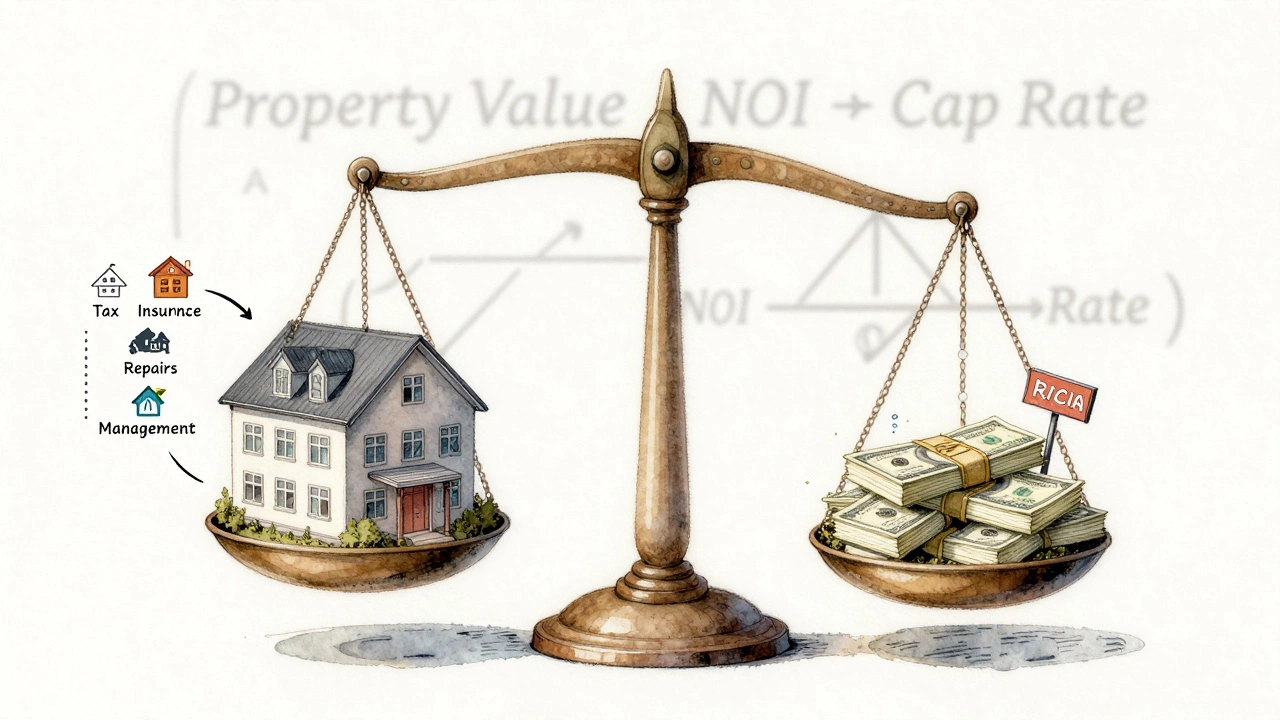 Watercolor balance scale comparing property income and expenses, with cap rate formula in background.
