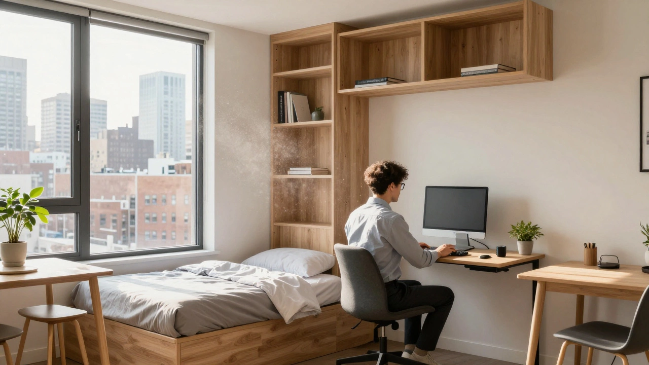 Young professional working at a wall-mounted desk in a small apartment, with bed folded into the wall and vertical storage.