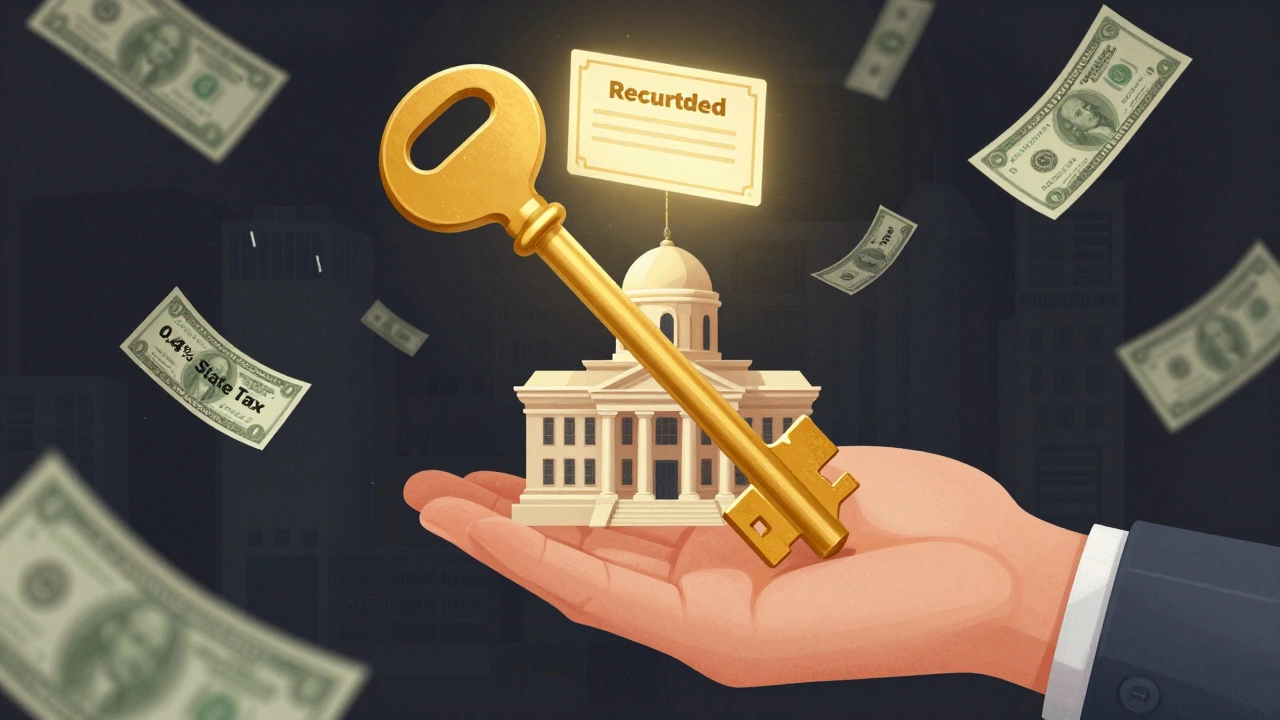A buyer handing a key to a courthouse as tax payments fall around them, with a recorded deed glowing above.