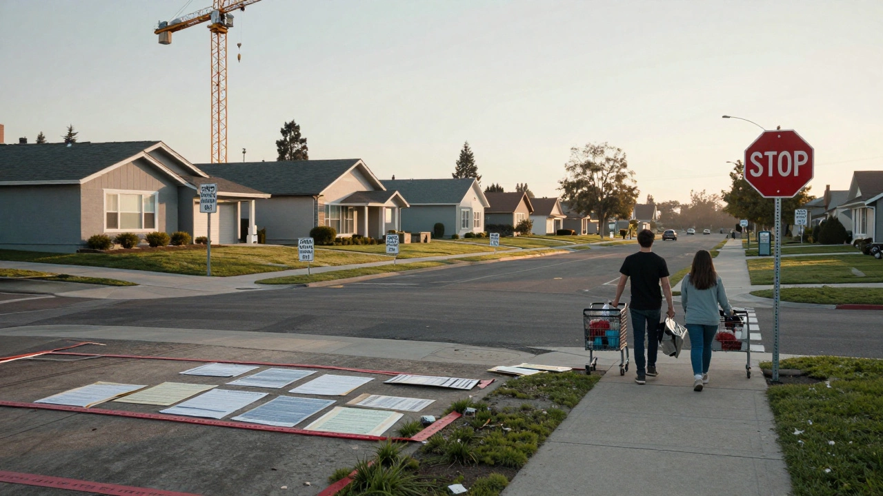 A quiet Sacramento street lined with single-family homes and an empty lot marked by construction permits.