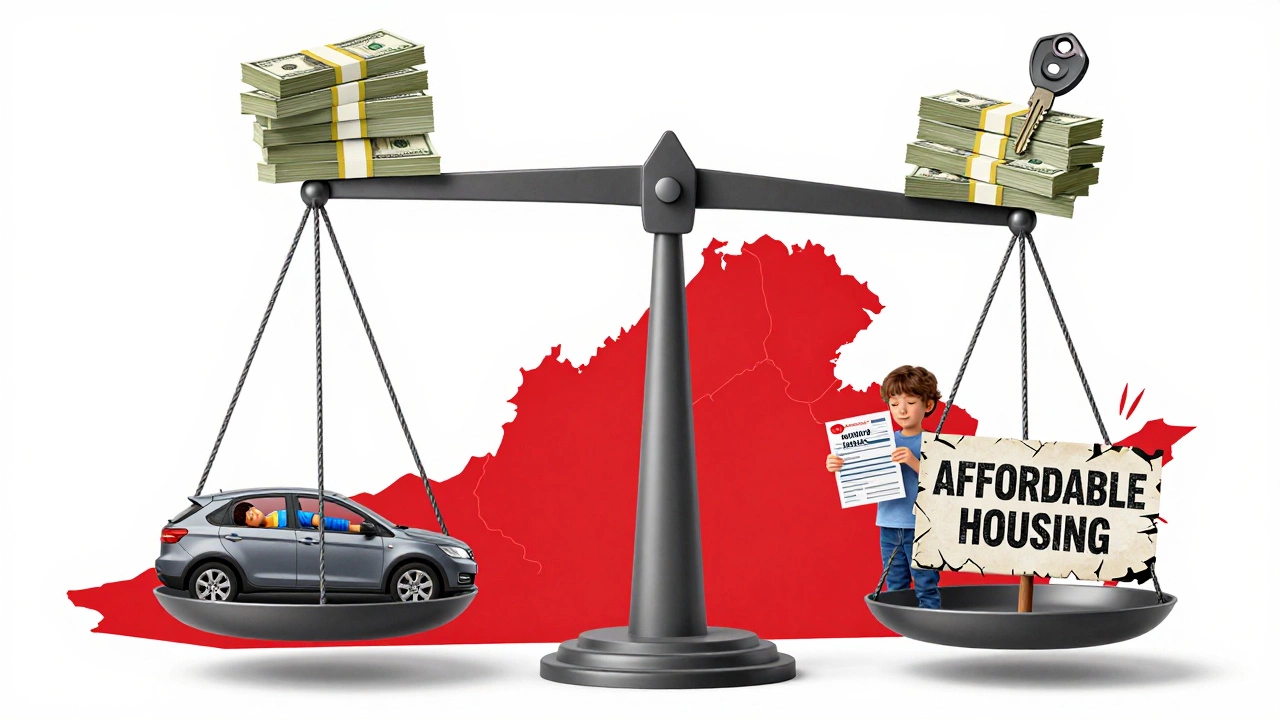 A scale tipped by corporate wealth and short-term rentals against a person sleeping in a car and a housing waitlist form.