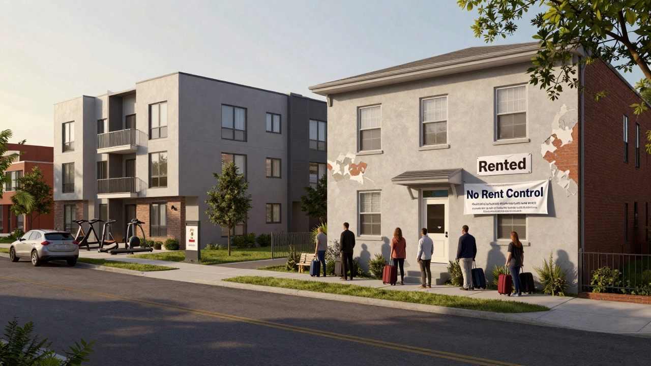 A Virginia neighborhood showing luxury apartments next to aging buildings, with people waiting outside a housing office at dawn.