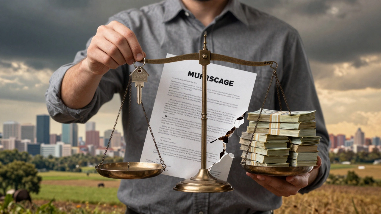 Homeowner holding a key and a financial scale, one side heavy with tax cash, urban and rural landscapes behind.