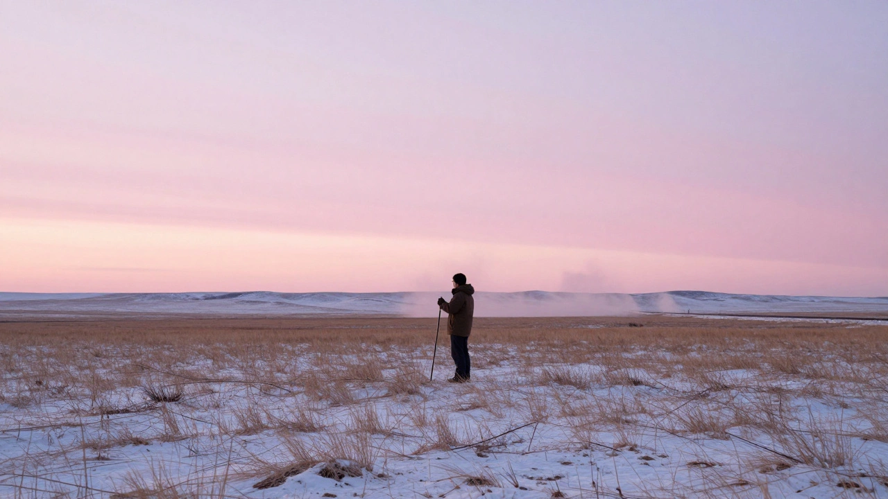 Lone figure on a vast Montana prairie at dawn, standing with a surveyor’s stake under a pink sky.
