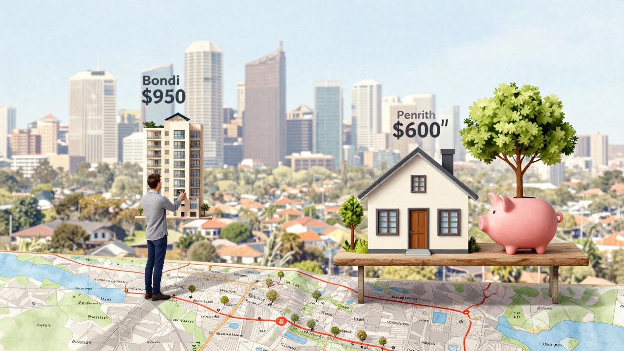 Person holding scale with expensive Bondi apartment vs. affordable Penrith home and growing tree.