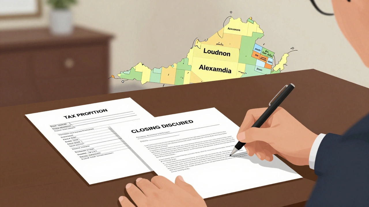 Real estate closing scene with documents showing tax proration and a Virginia map highlighting different county systems.
