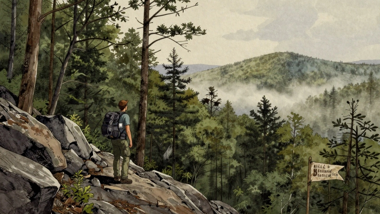 Remote rugged land in southern West Virginia with no road access, a hiker standing at the tree line.