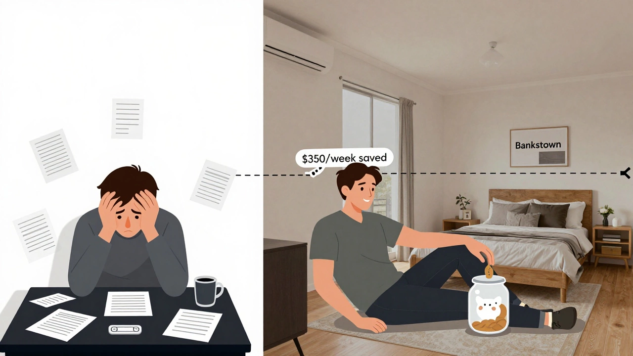 Side-by-side comparison of stressed Bondi renter vs. relaxed Bankstown renter with savings jar.