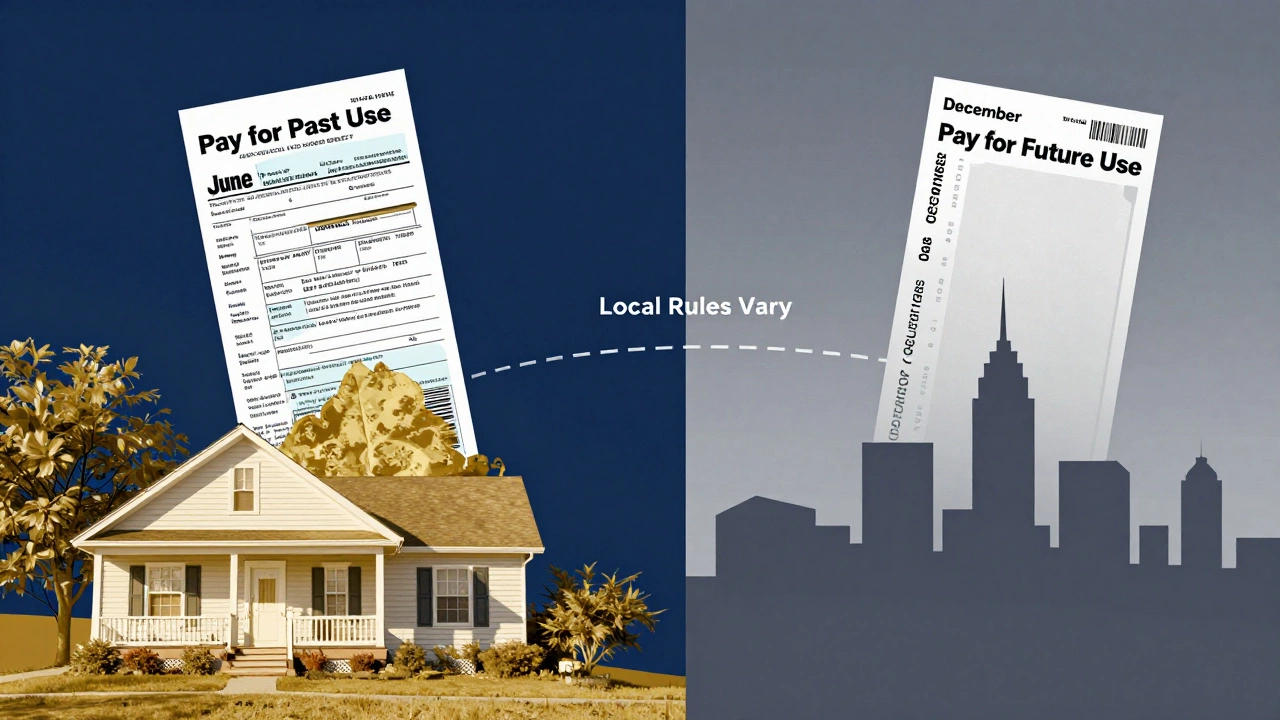 Split landscape illustration showing property taxes paid in arrears on one side and advance on the other, with 'Local Rules Vary' connecting them.
