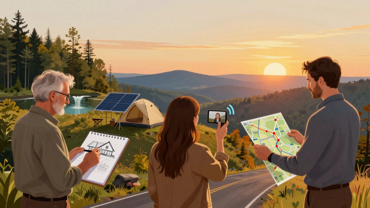 Three buyers — retiree, remote worker, investor — each connected to different types of West Virginia land under a sunset.