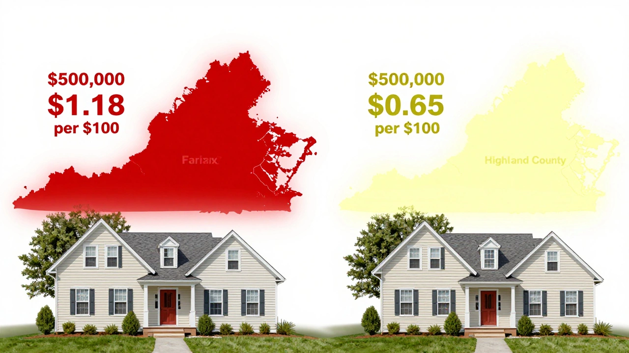 Virginia map showing high and low property tax rates with two identical homes and different tax amounts.