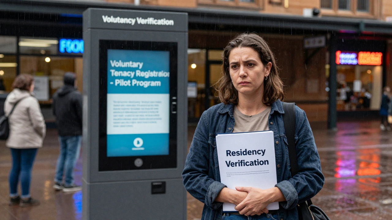 Woman at council office holding residency documents, rain reflecting on pavement, pilot program kiosk visible.