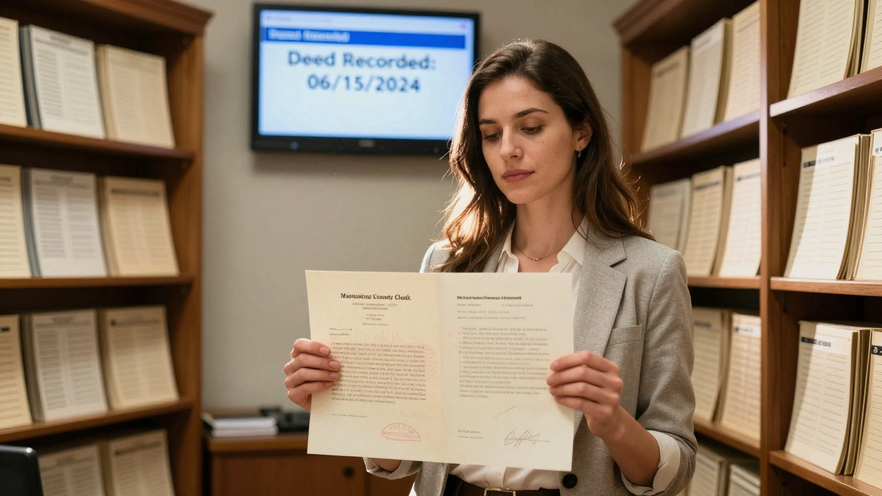 Woman holding a recorded property deed in a Manhattan County Clerk’s office with archival records in background.