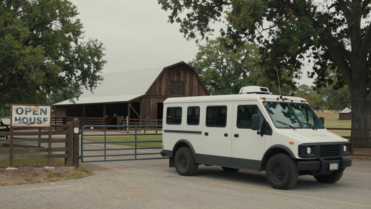 A security vehicle stops at a locked gate of the 6666 Ranch, historic corral visible behind.