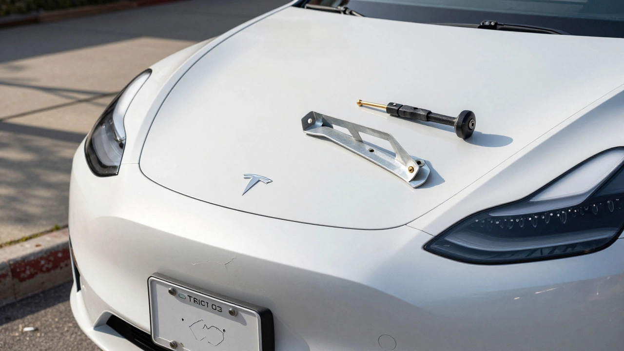 A Tesla with a replacement license plate bracket and tools on the hood, showing a legal fix.