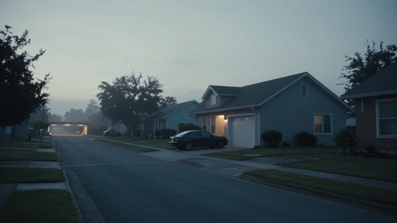 An empty suburban street at dawn with a solitary villa and no nearby neighbors.