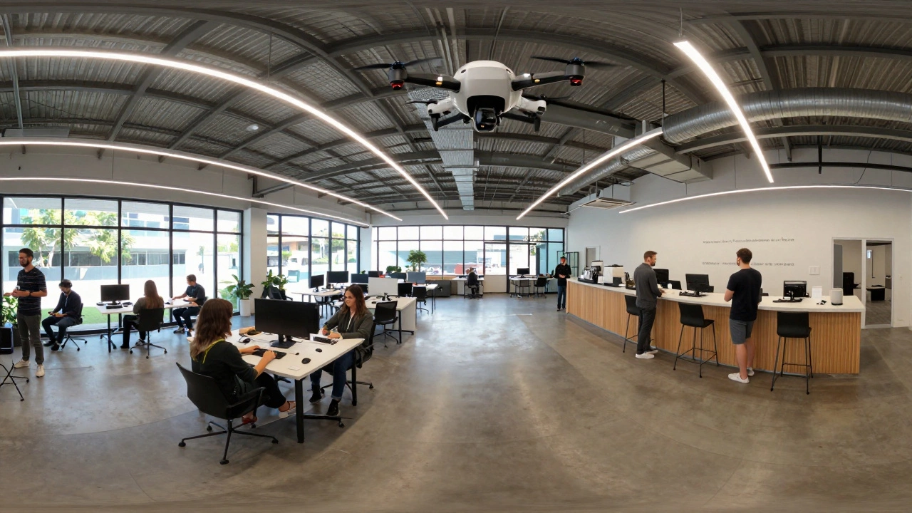 Drone tour of a commercial property transitioning to interior walkthrough showing co-working space and high ceilings.