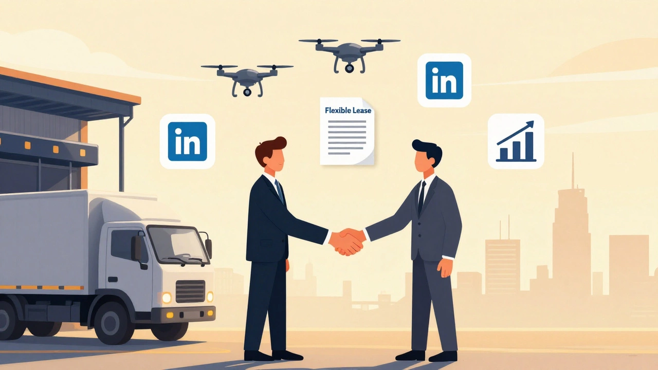 Handshake between agent and tenant surrounded by icons of logistics, leasing flexibility, and urban development.