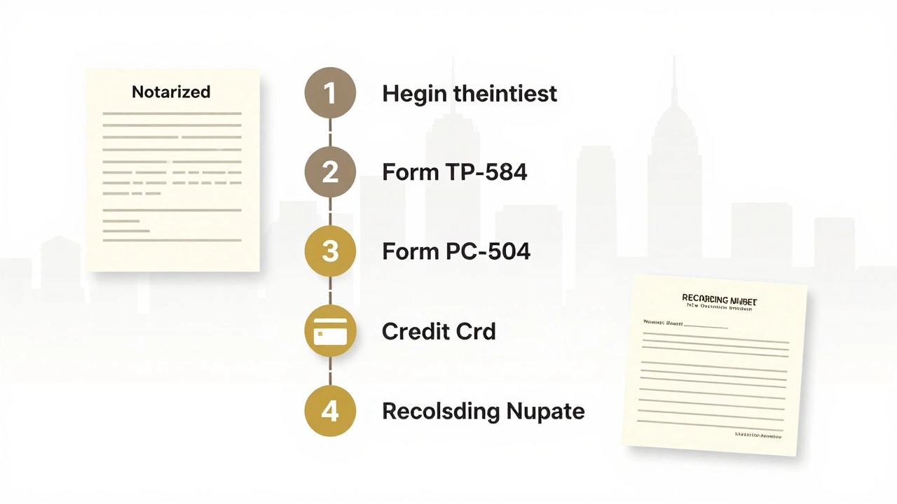 Minimalist visual checklist of NYC property registration steps with deed, forms, and payment icons