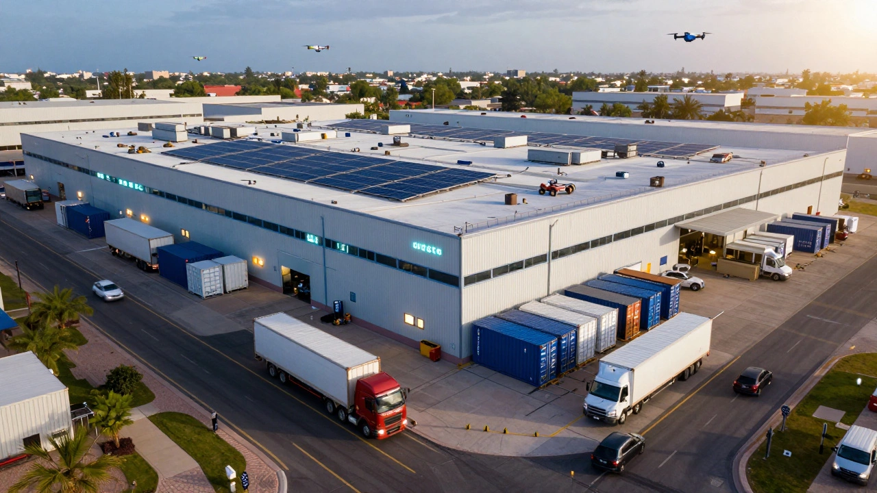 Modern industrial warehouse with trucks and drones, representing booming logistics sector in commercial real estate.